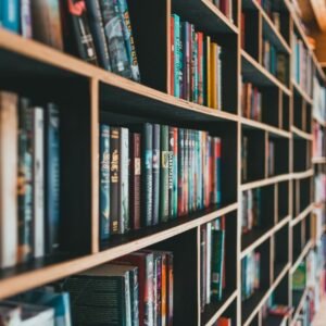 Colorful books neatly arranged on modern shelves in a bright library.